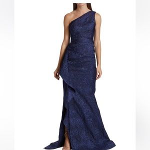 Metallic Jacquard One-Shoulder Gown